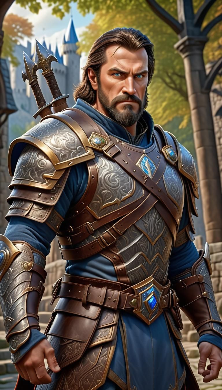 Armored Warrior in Warcraft Style with Castle Backdrop