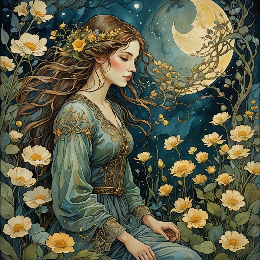 Woman in Moonlit Garden, Watercolor Abstract Art