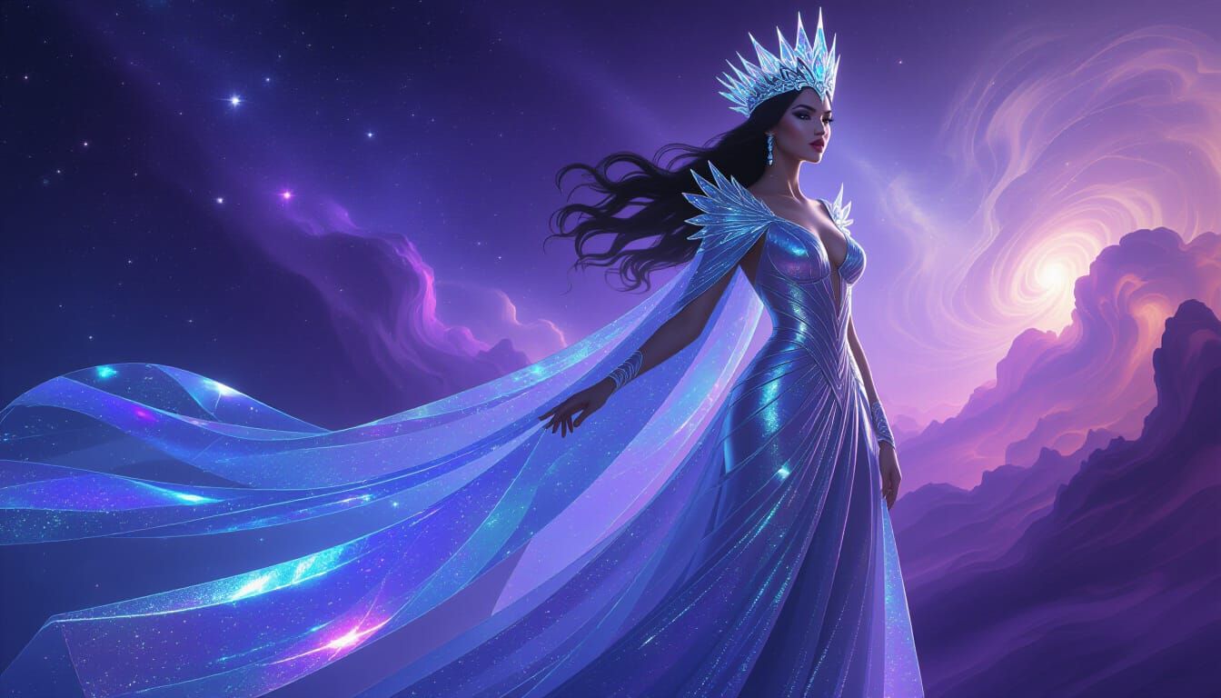 Celestial Queen in Holographic Robes and Star Cape