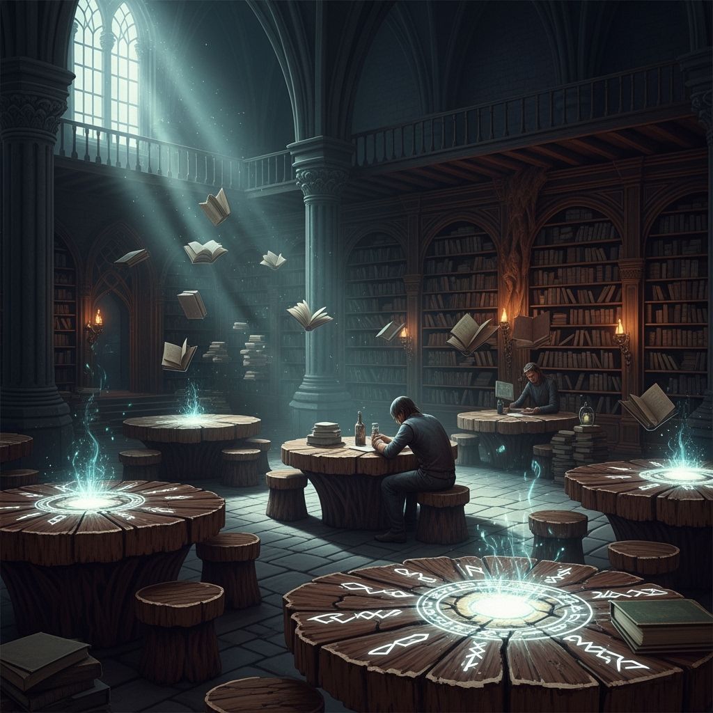 Traveler in Arcane Library Cafe with Floating Books