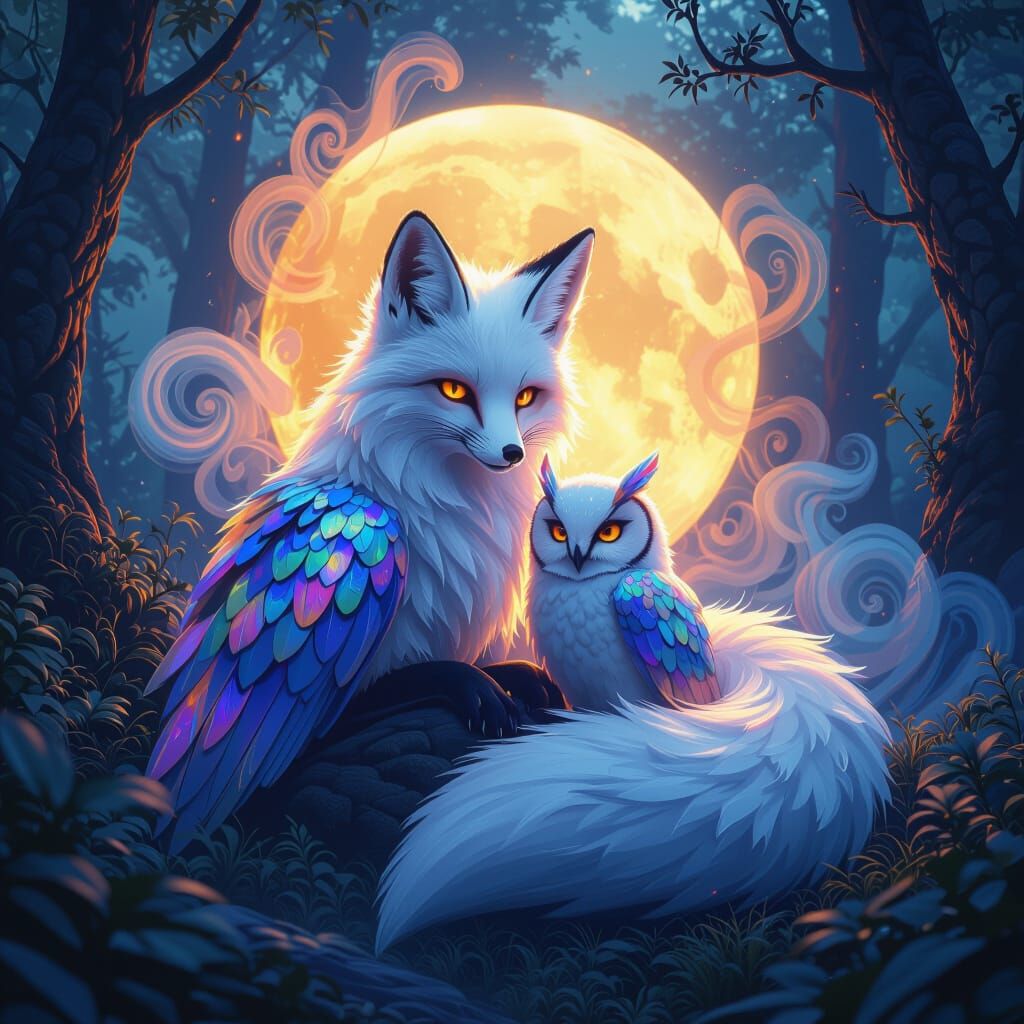 Mystical Moon Fox Dream Owl Hybrid in Fantasy Art Style