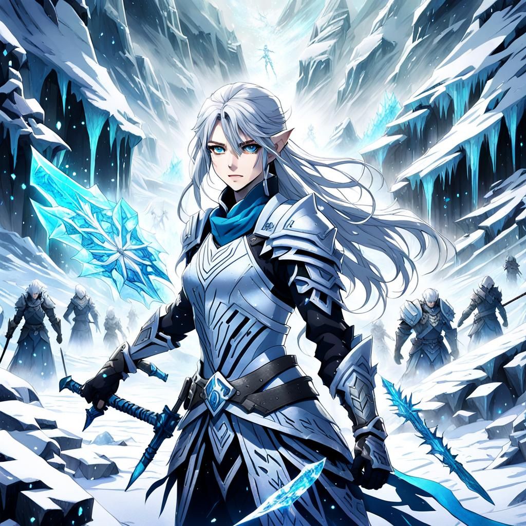 Icy Anime Warrior in Snowy Battlefield