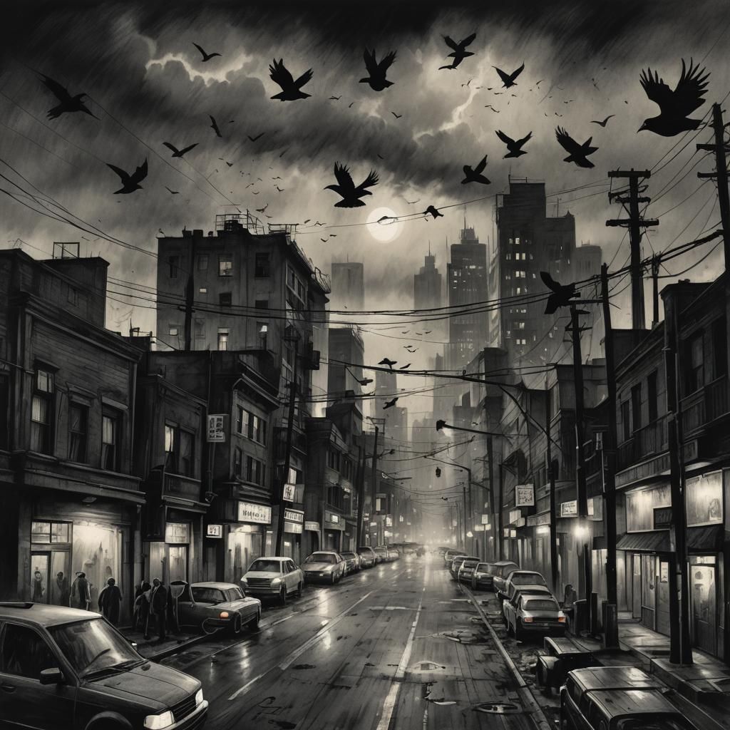 Los Santos Cityscape in Charcoal with Swarms of Crows