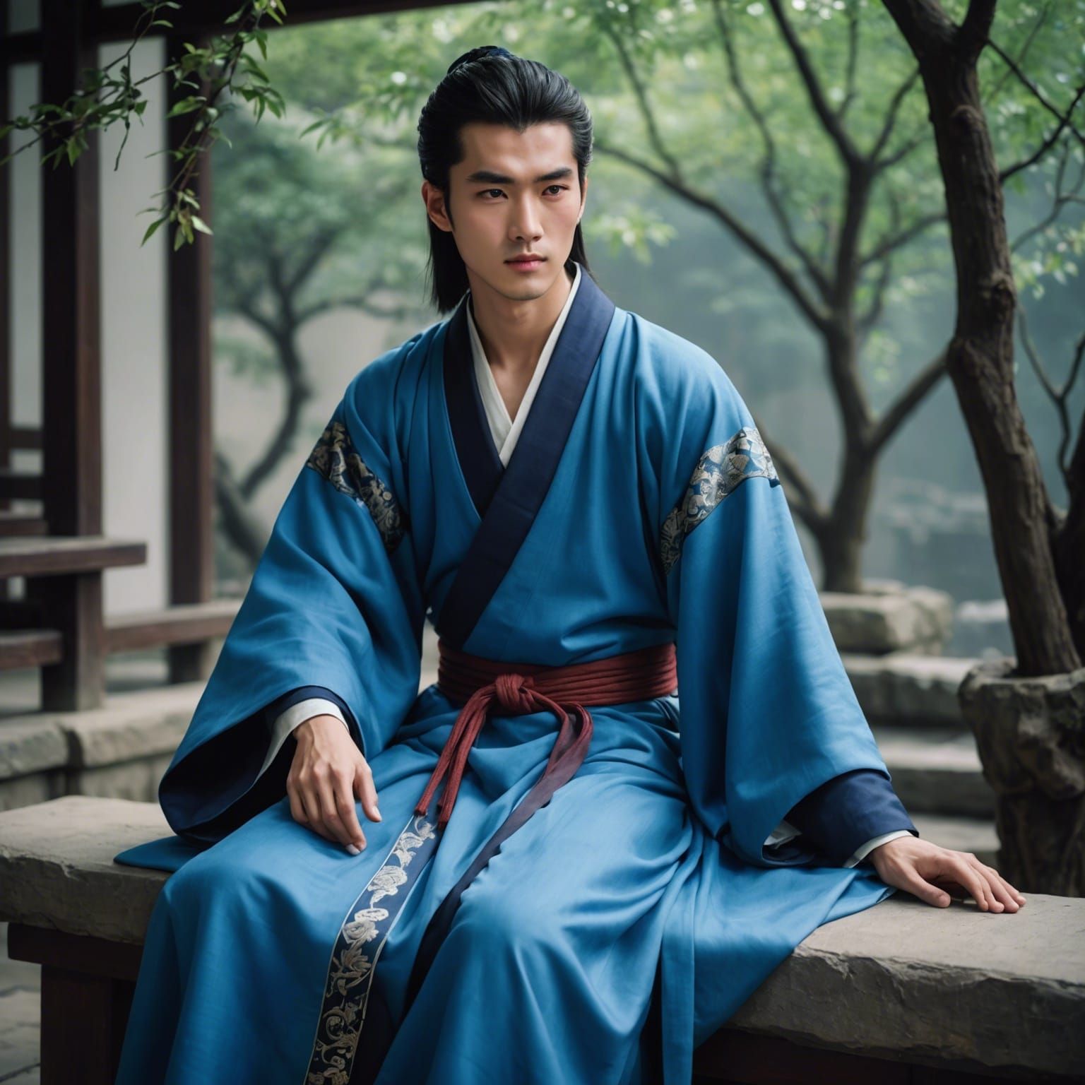 Young Man in Blue Robe by Lake, in Anime Style