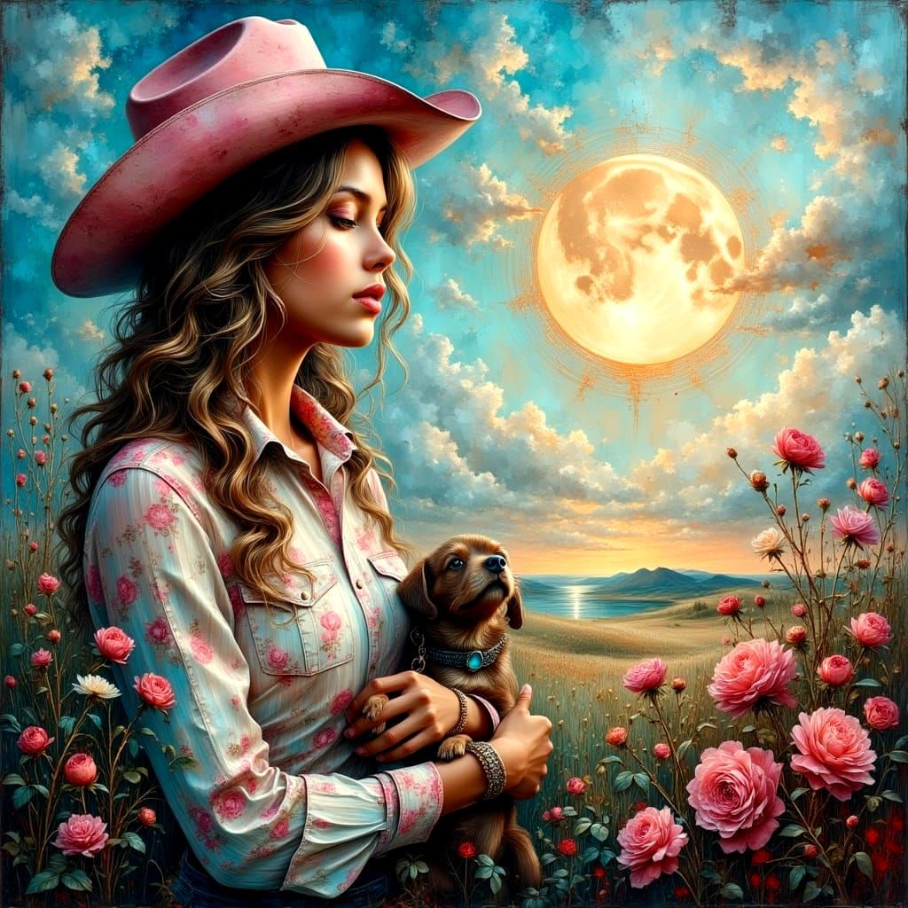 Surreal Western Landscape with Cowboy and Scruffy Dog in Sof...