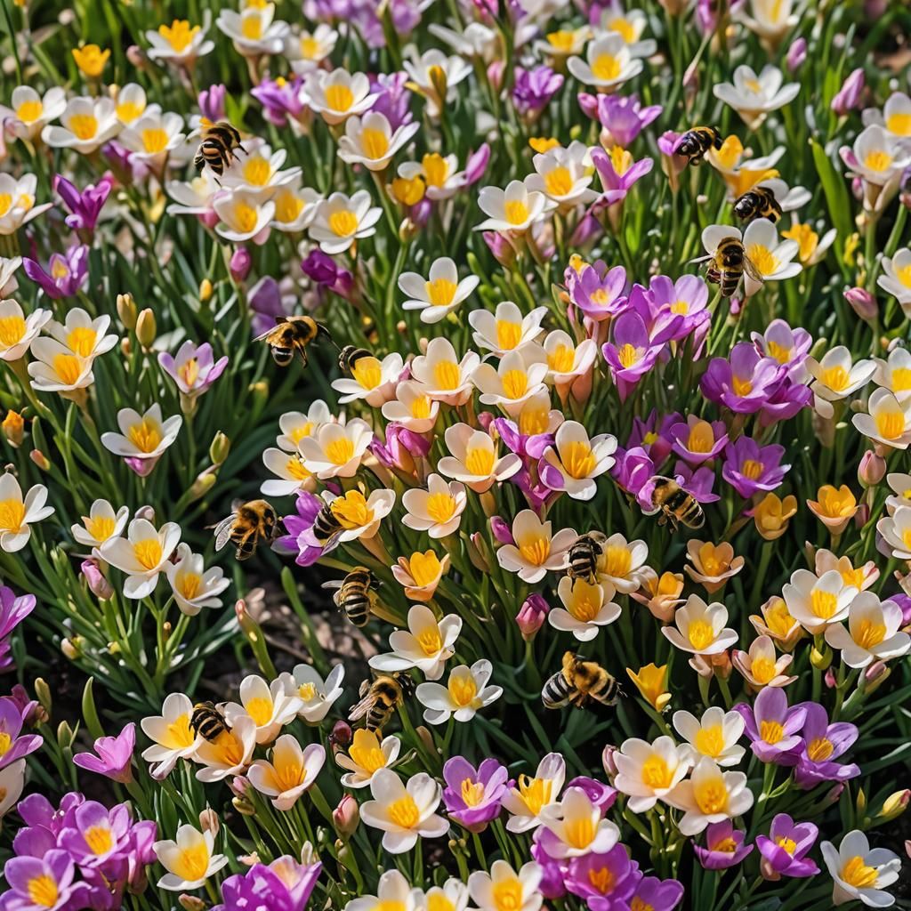 Bees Pollinating Freesias in Bright Sunlight