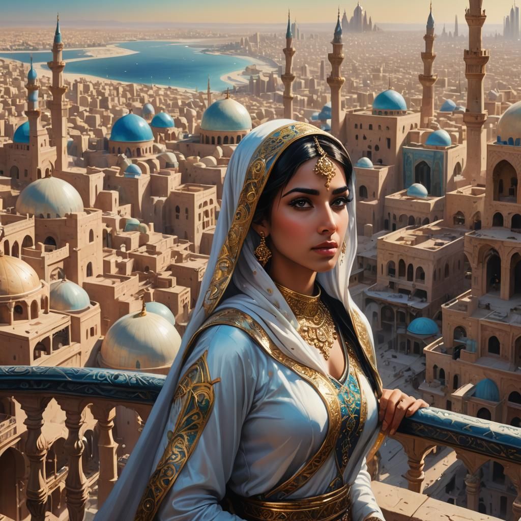 a beautiful Arabian princess (pretty face) appreciating the magnitude of the city from a balcony, an arabic metropoli, h...