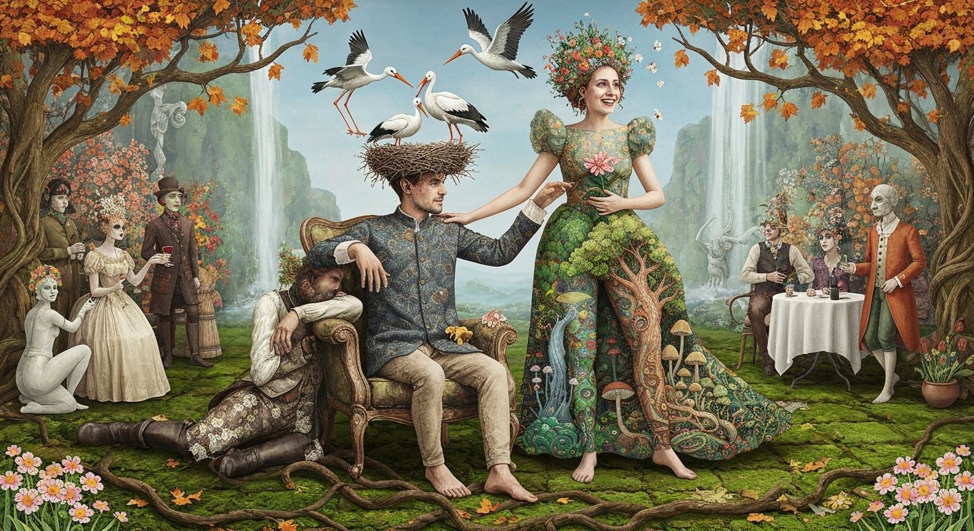 Surreal Stork Nest Portrait in Fantasy Garden