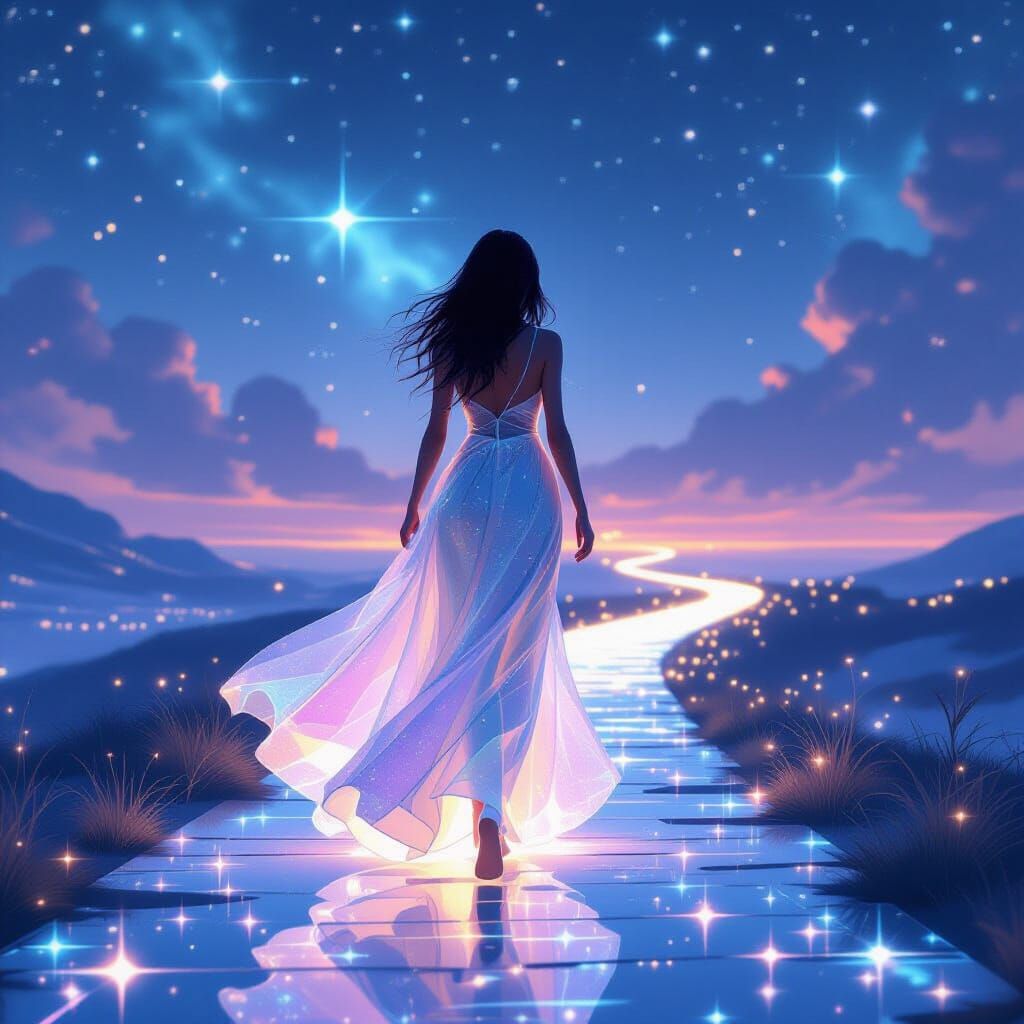 Alien Girl Walks Starry Path, Ethereal Art