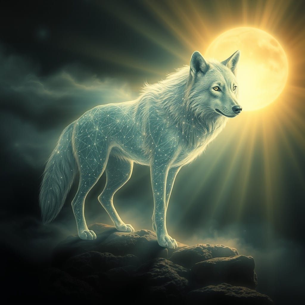 Celestial Luminous Wolf Formed from Radiant Beams