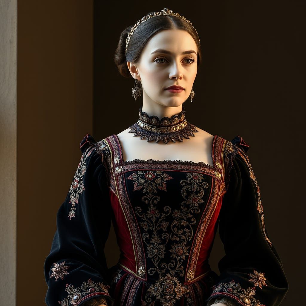 Ornate 15th Century Gown in Renaissance Portrait Style