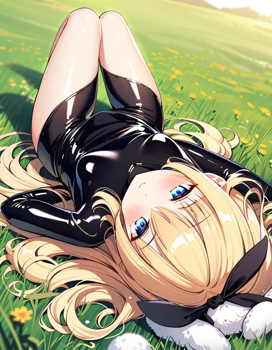 Rabbit-Eared Woman in Latex Suit on Meadow