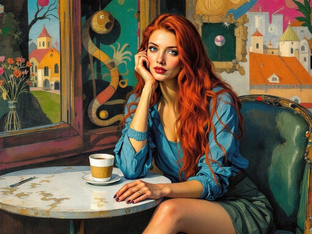 Woman Embodies Modernist Sophistication in a Vibrant Café Sc...