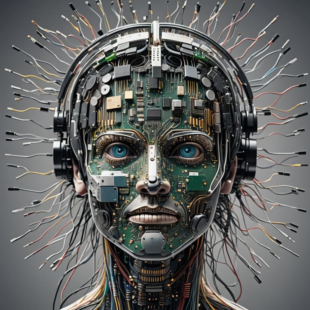 Man's Head Integrated with Microprocessor Data