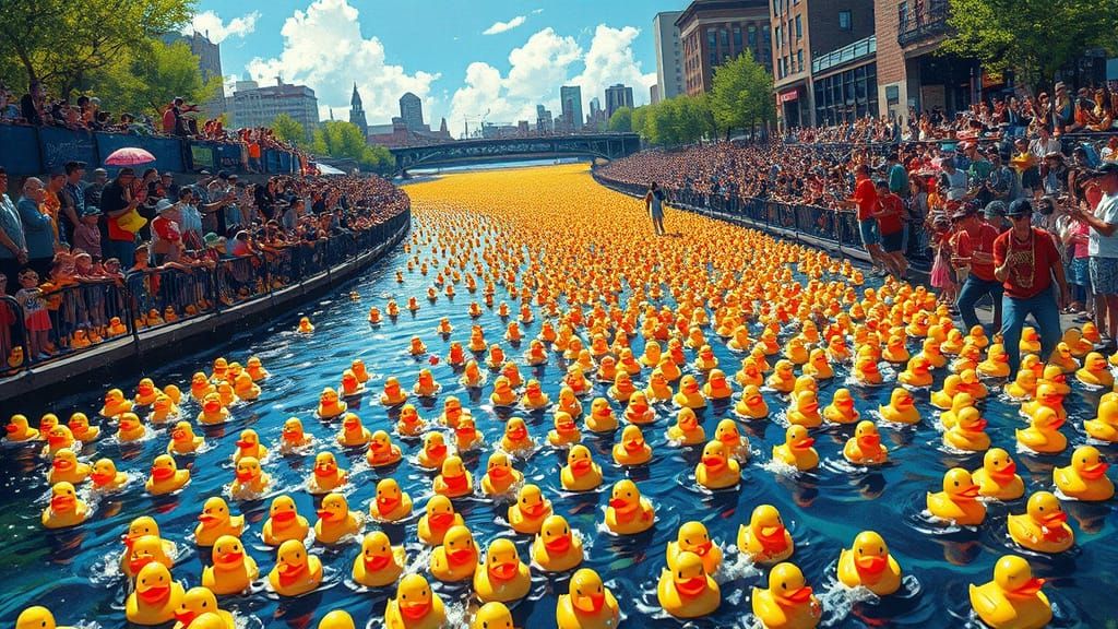 Vibrant Rubber Ducky Derby Scene in Graffiti Style