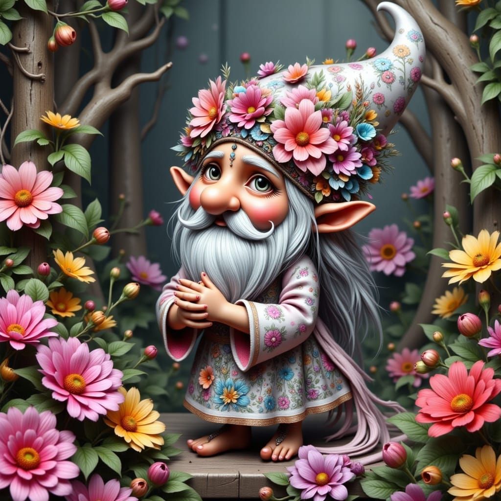 Nordic Gnome Maiden in Whimsical Garden
