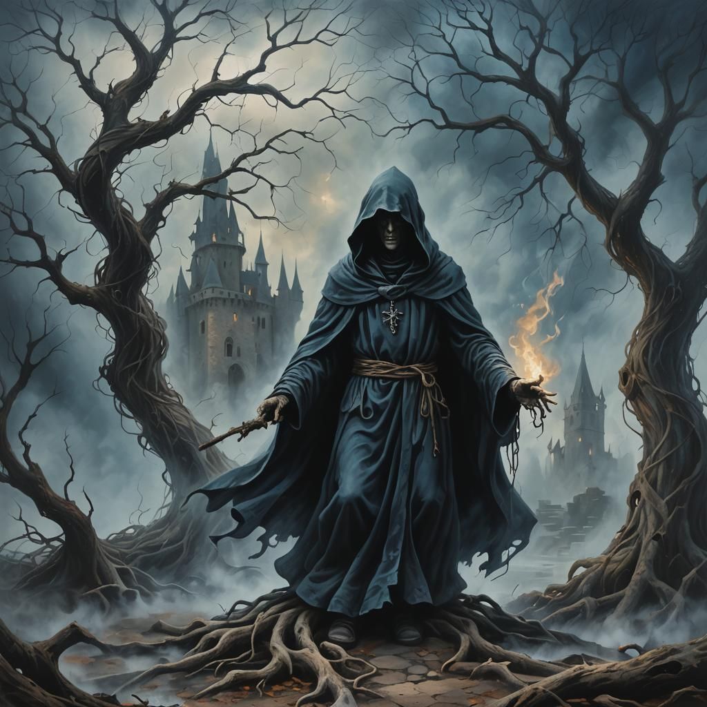 Eerie Hooded Figure Summons Mist in Dark Fantasy