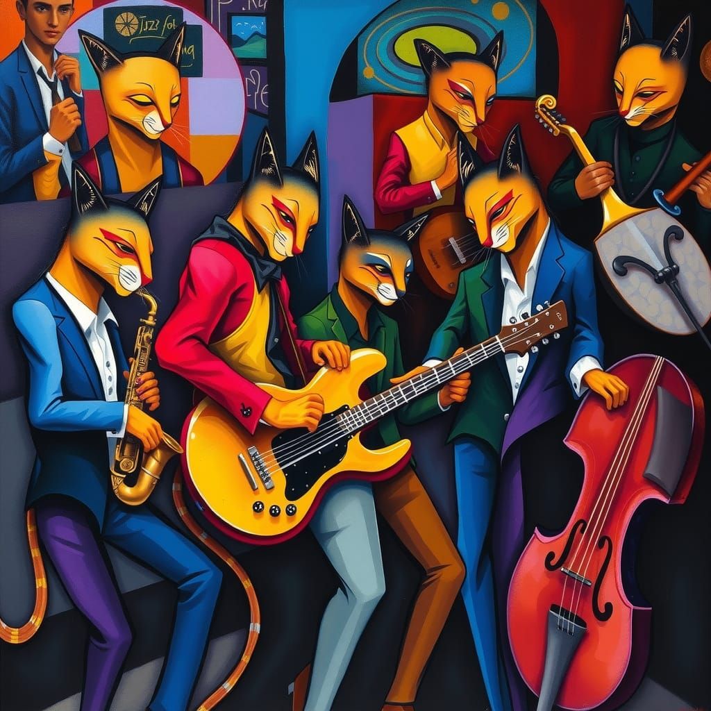 Dynamic Jazz Club Scene with Feline Musicians