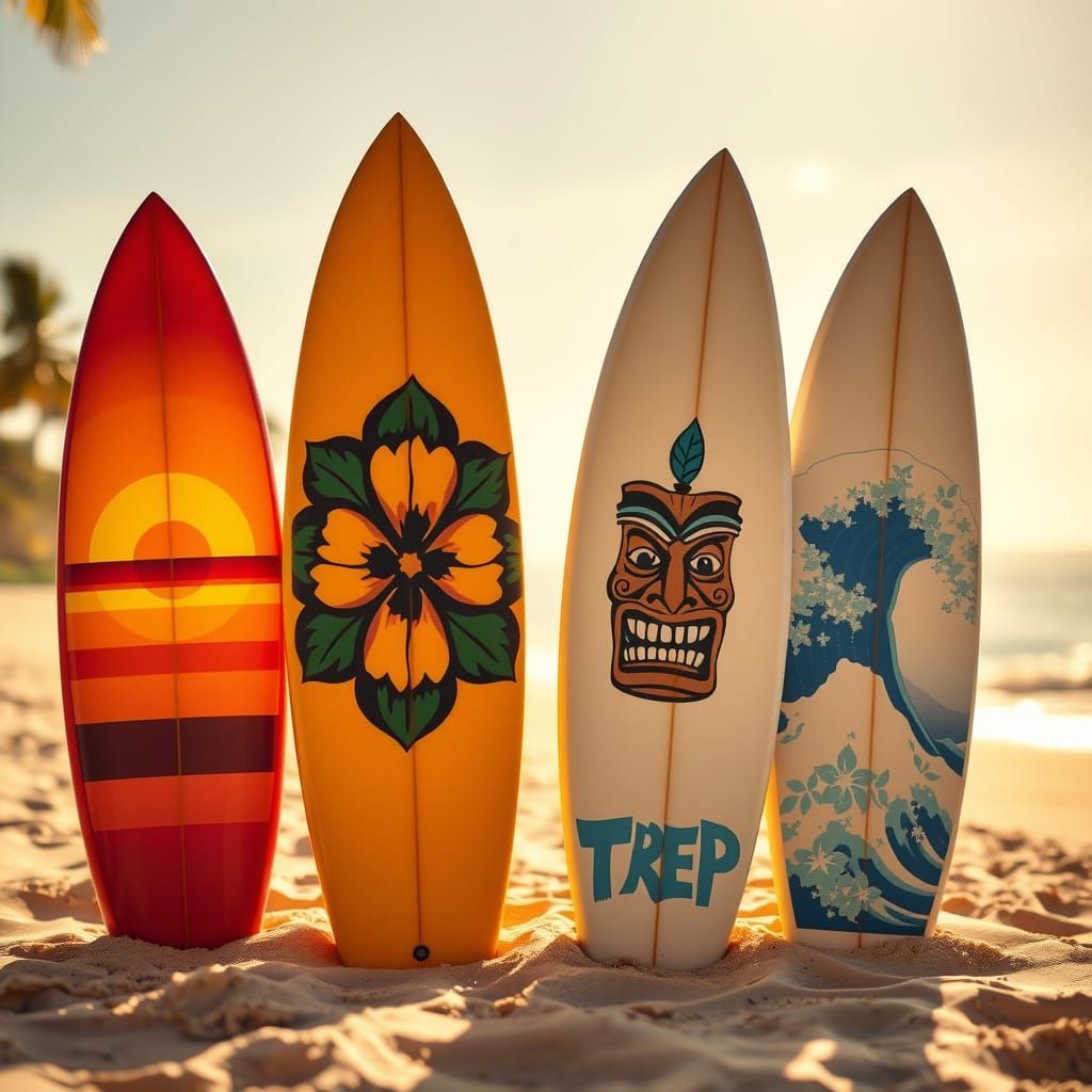 Vibrant Surfboards Bask in Warm Sunlight on Golden Sand