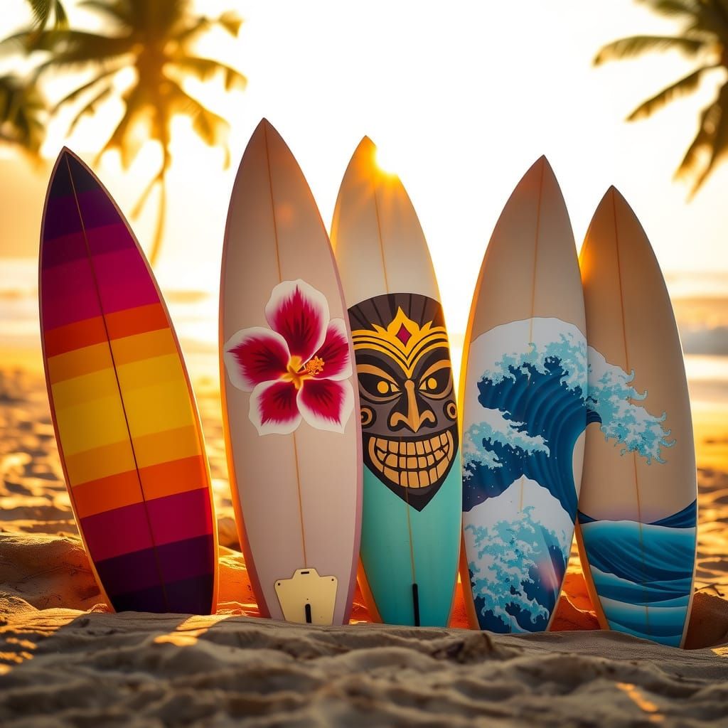 Vibrant Surfboards Bask in Tropical Dawn Light