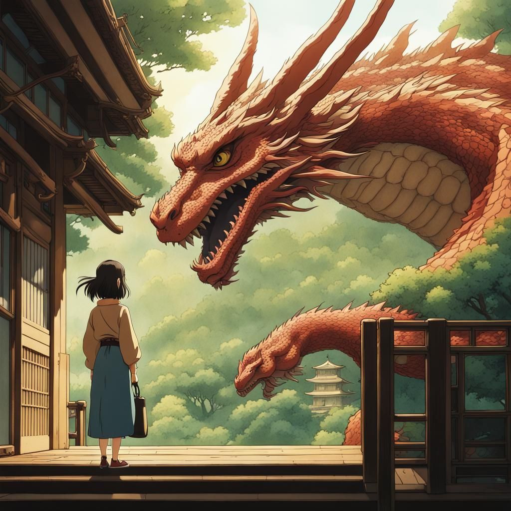 Japanese Woman and Dragon in Ghibli Anime Style