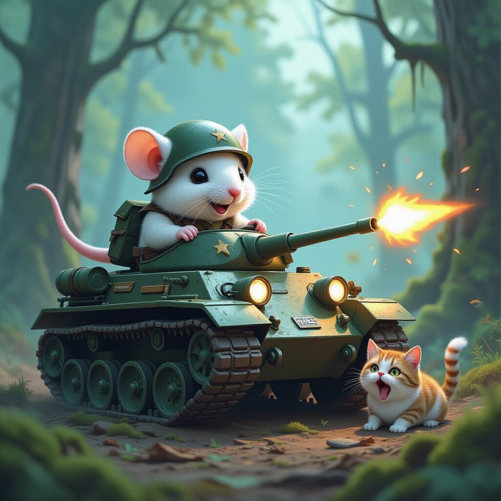 Mouse in Tank Beetle Fires at Cat, Matte Painting