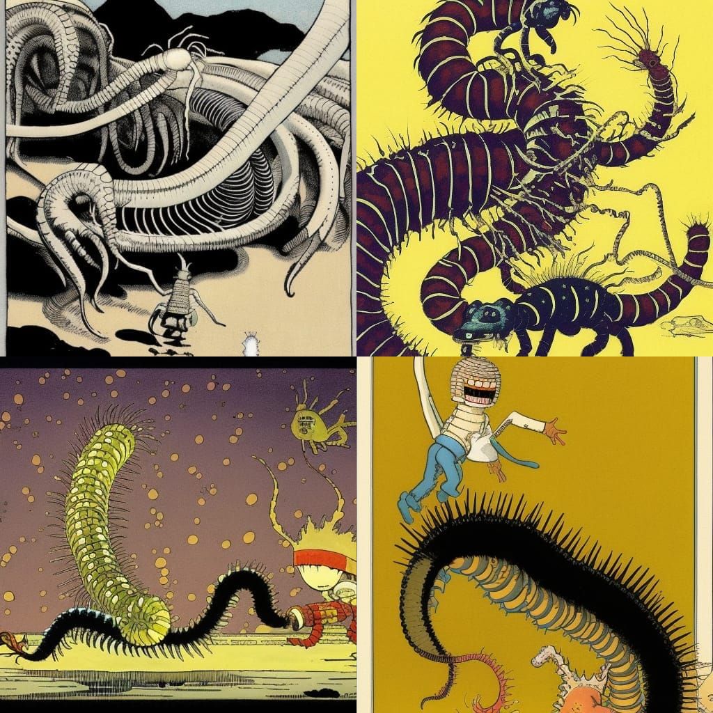 Surreal Centipede Illustration in Vintage Comic Style