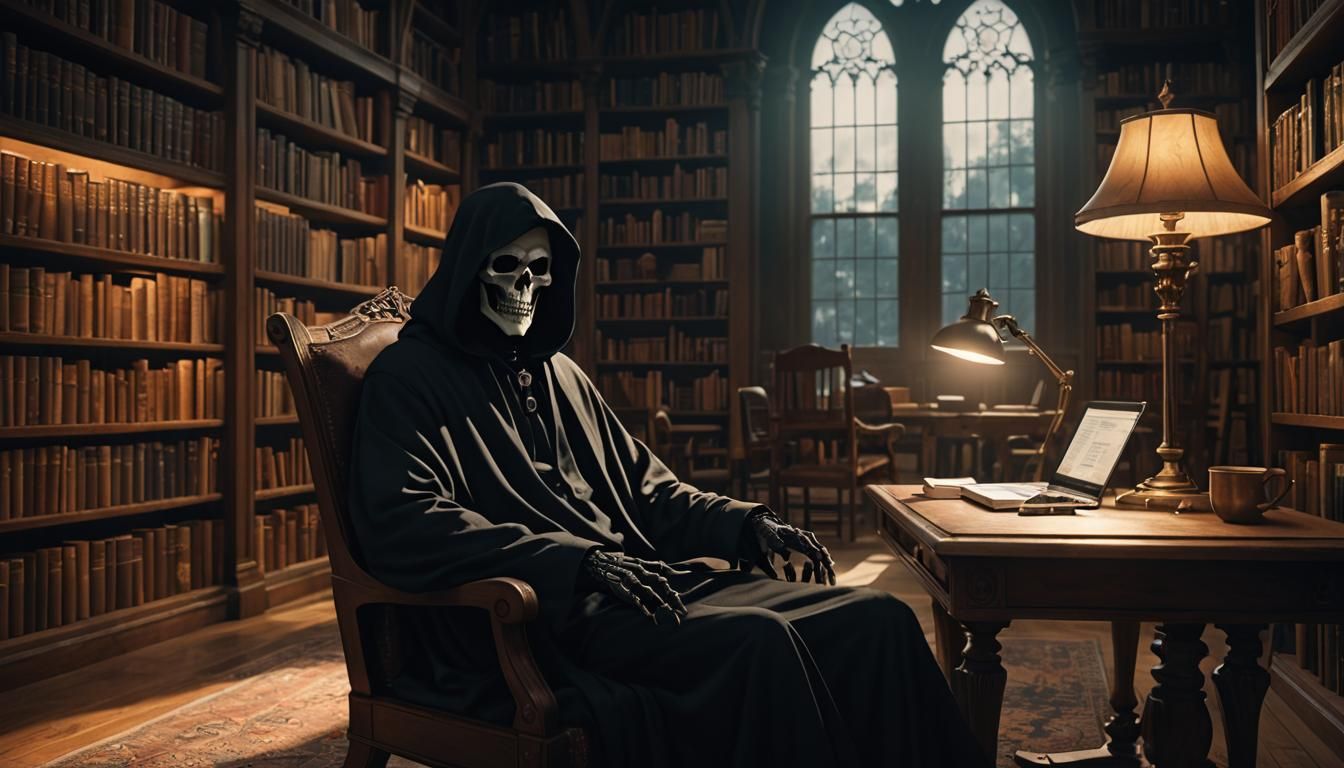 Grim Reaper Working on Laptop in Library