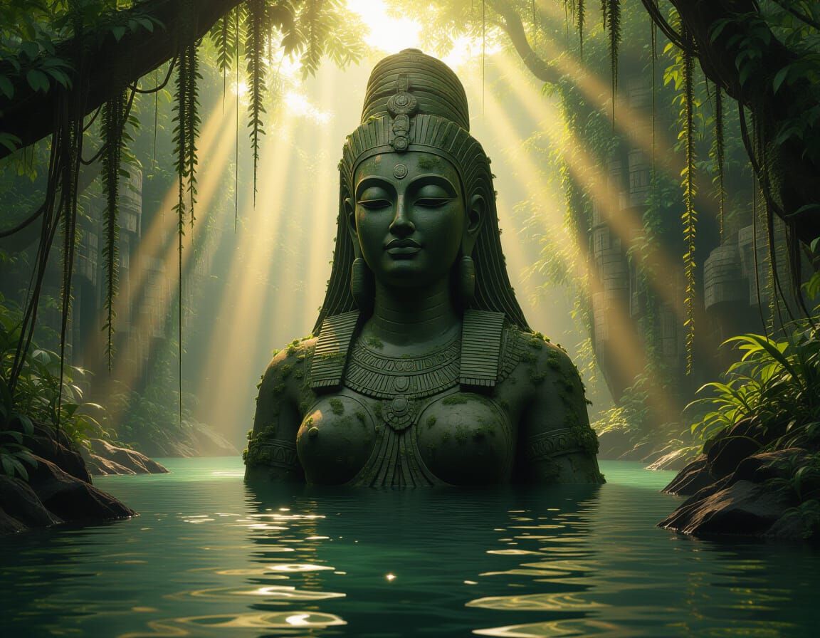 Ancient Alien Statue in Jungle River, Digital Painting