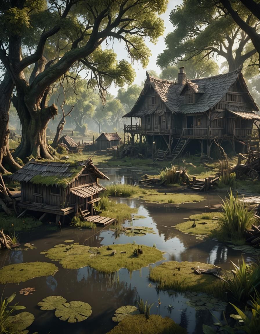 Epic Swamp Village in 3D Game Cinematic Style
