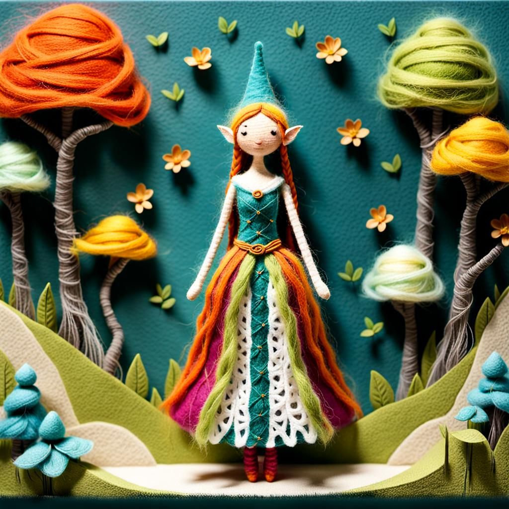 Elf Princess in String Dress as 3D Felted Art