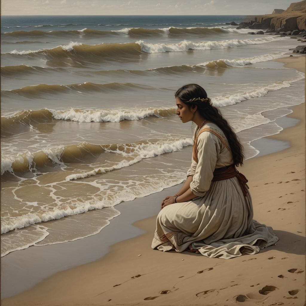 Indian Girl Gazing at Sea, Pre-Raphaelite Style