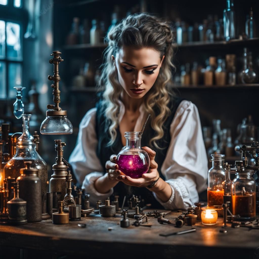 Cyberpunk Alchemist Girl Making Magical Potions