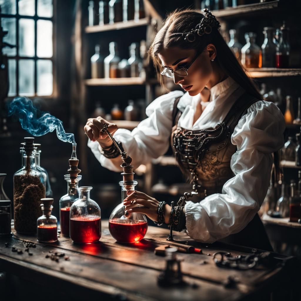 Cyberpunk Alchemist Girl Making Magical Potions
