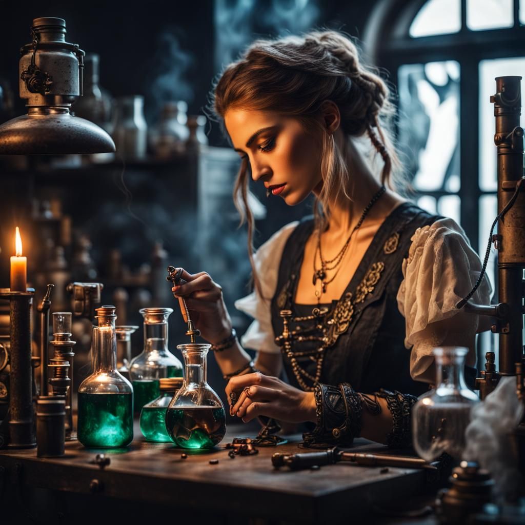 Cyberpunk Alchemist Girl Making Magical Potions