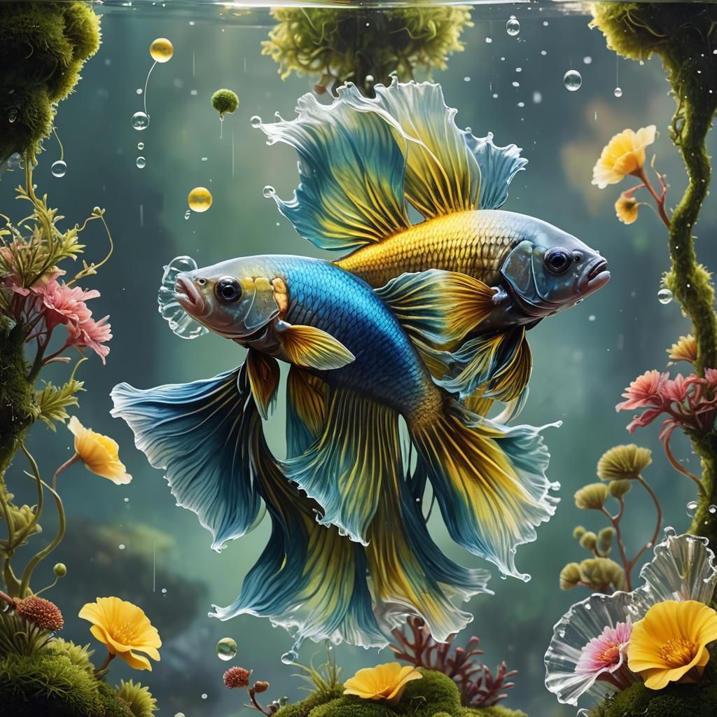 Colorful Betta Fish in Maximalist Double Exposure