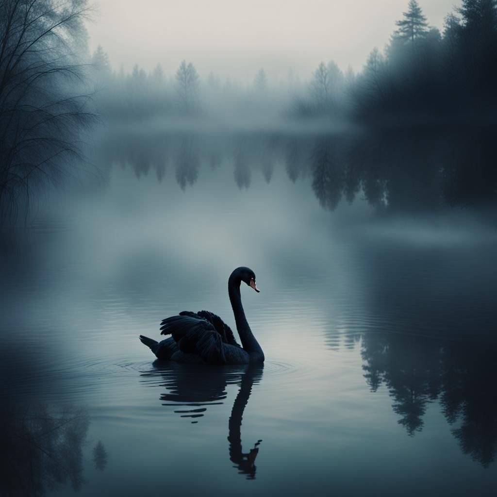 Black Swan on Misty Lake: Cinematic Film Still