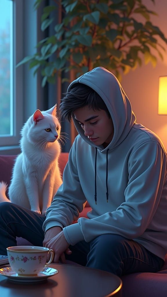 Young Man's Despair in a Futuristic Living Room