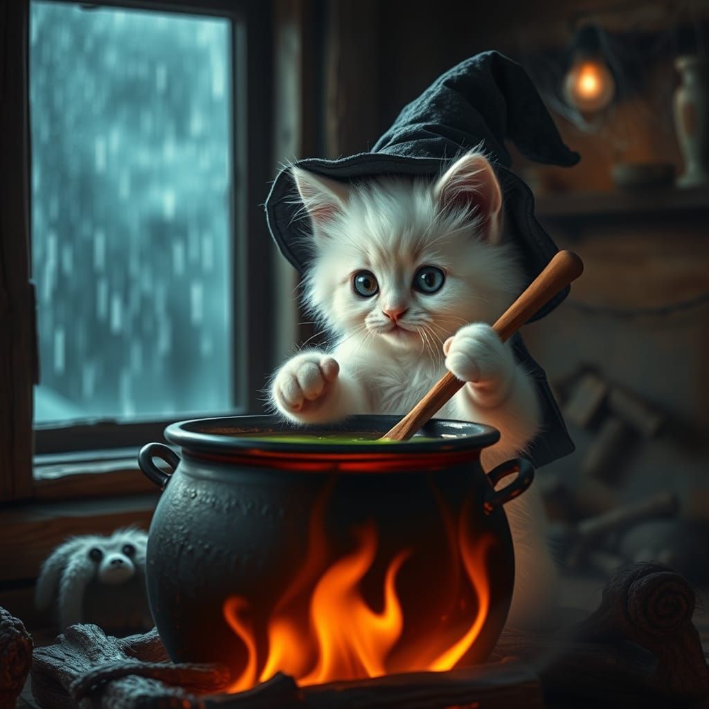 Whimsical Witch Kitten Brewing Potion in Gloomy Cabin