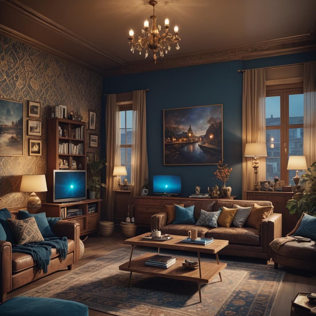 Cozy Fantasy Living Room with Mystical Artifacts