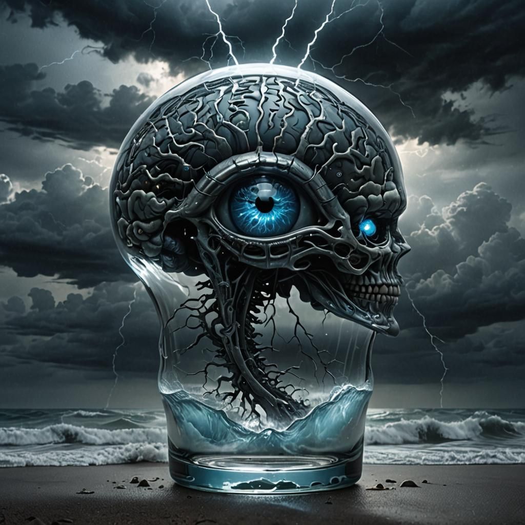 Glass "A" with Brain and Eye Above Waves