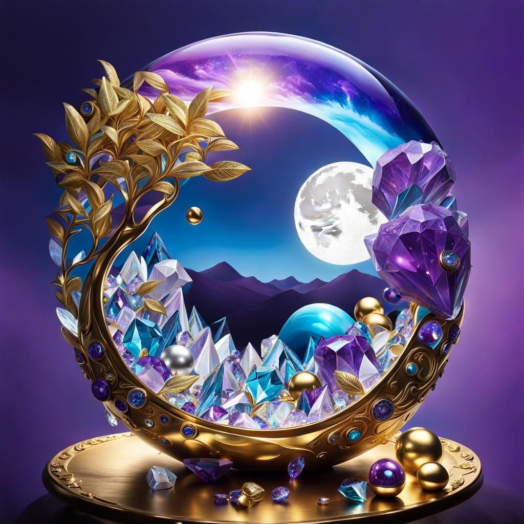 Surreal Crystal Moon Creation in Gold and Silver