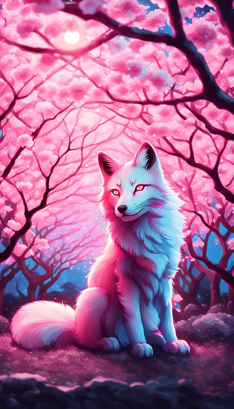 Pink Glowing Kitsune in Cherry Blossom Garden