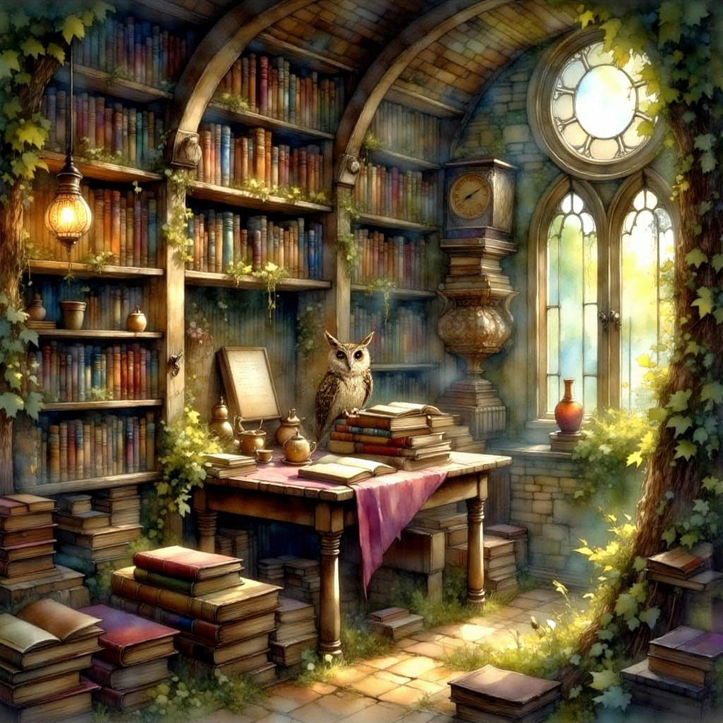 Enchanted Forest Library with Owl in Painterly Style