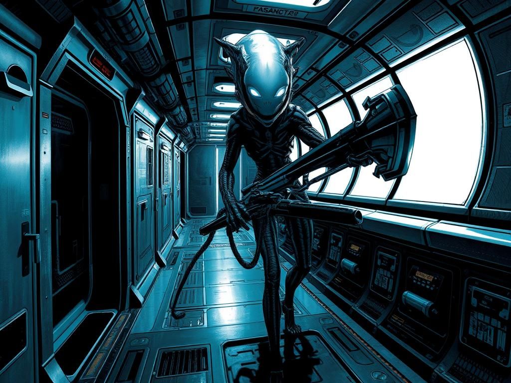 Menacing Alien Stalks Spaceship Corridor