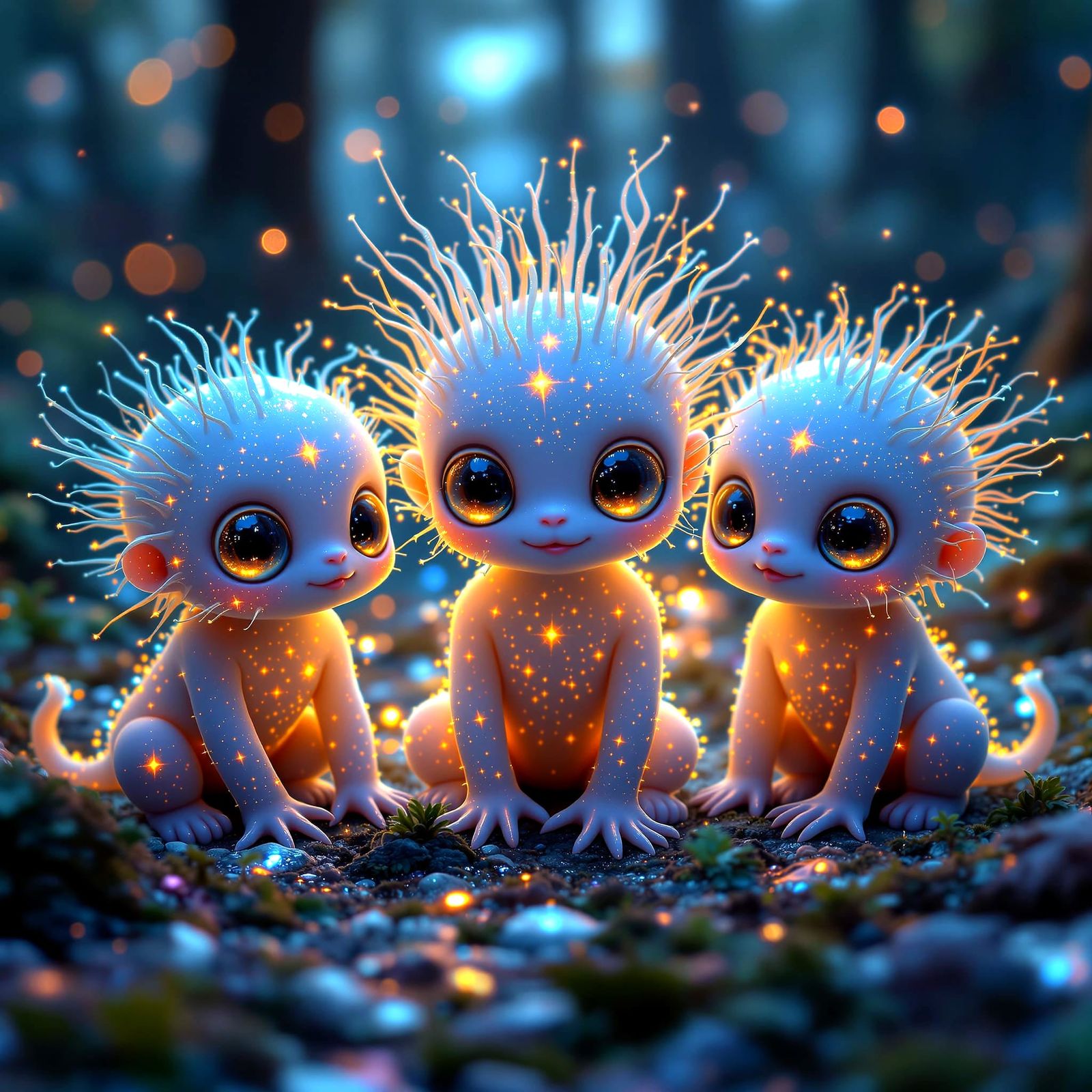 Adorable Bioluminescent Monster Babies in Intricate Forest