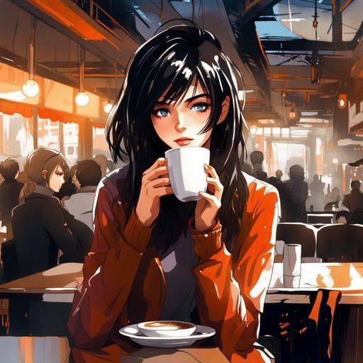 Elegant Woman Enjoying Coffee, Splash Art Style