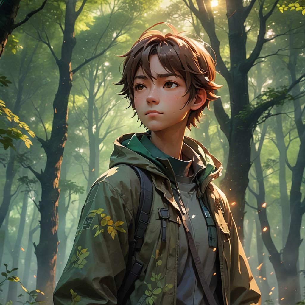 Anime Figure in Misty Forest: 3D Digital Art