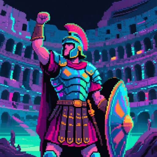 Futuristic Roman Legionnaire in Glitchcore Pixel Art