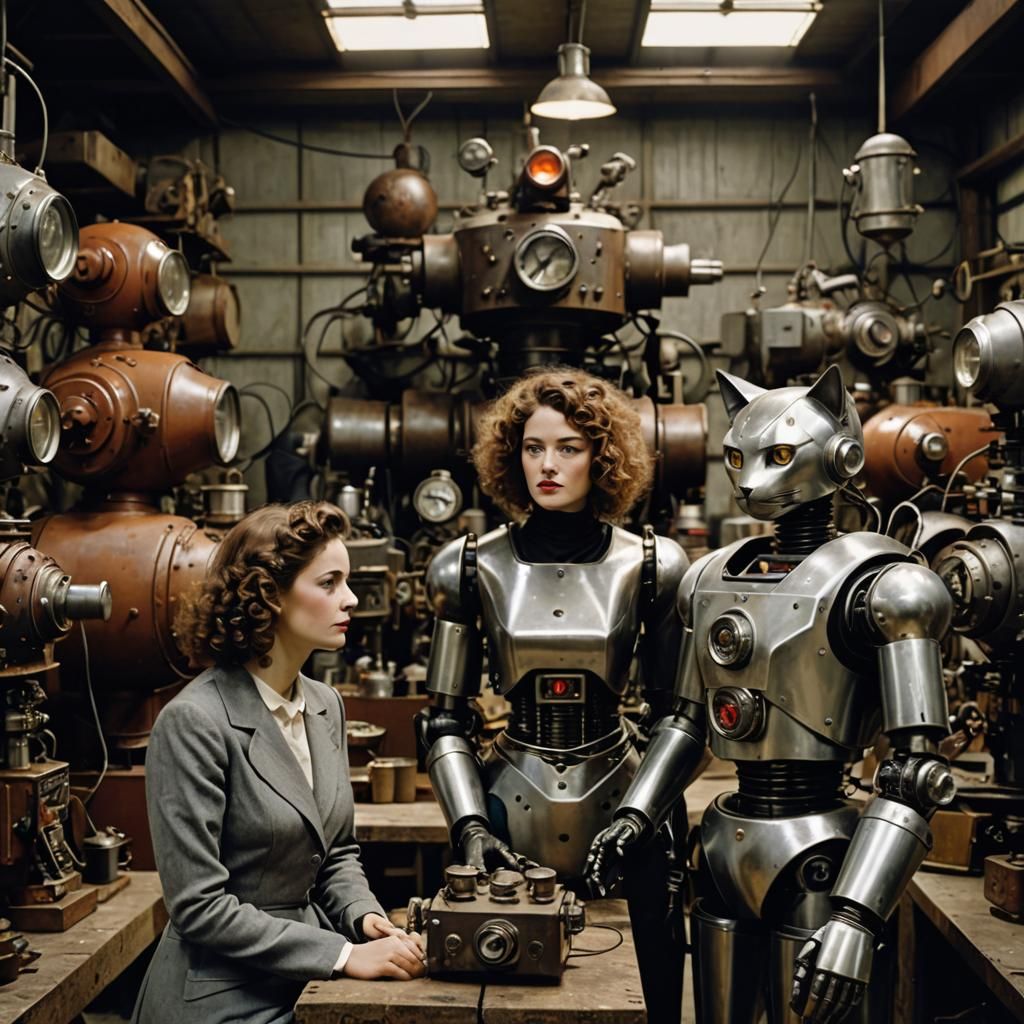 Couple in Robot Factory with Cat-Head Robot